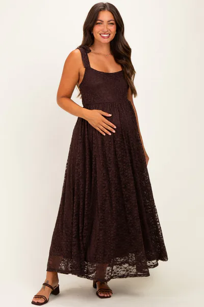 PinkBlush Brown Sleeveless Lace Maternity Maxi Dress