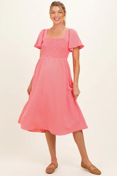 PinkBlush Red Gingham Smocked Maternity Midi Dress