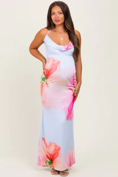 PinkBlush Light Blue Floral Draped Halter Maternity Maxi Dress