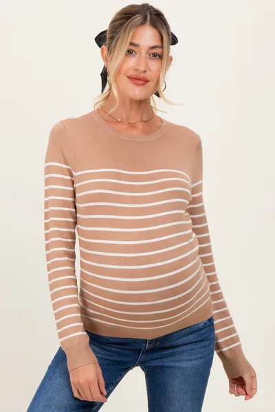 PinkBlush Camel Striped Knit Maternity Long Sleeve Top