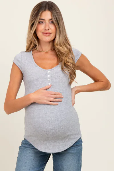 PinkBlush Heather Grey Jacquard Button Front Maternity Short Sleeve Top