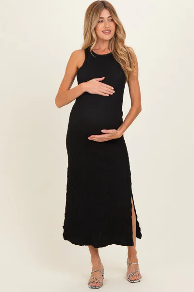 PinkBlush Black Textured Sleeveless Maternity Maxi Dress