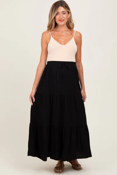PinkBlush Black Drawstring Tiered Maternity Maxi Skirt