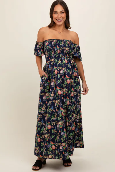 PinkBlush Navy Blue Floral Off Shoulder Maternity Dress