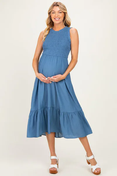 PinkBlush Denim Smocked And Tiered Maternity Maxi Dress