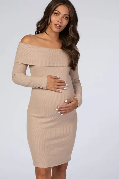 PinkBlush Mocha Soft Ribbed Folded Neck Off Shoulder Maternity Dress
