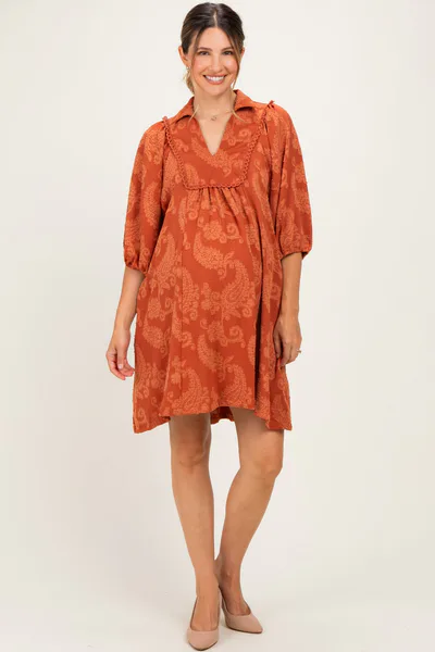 PinkBlush Rust Paisley Puff Sleeve Maternity Dress