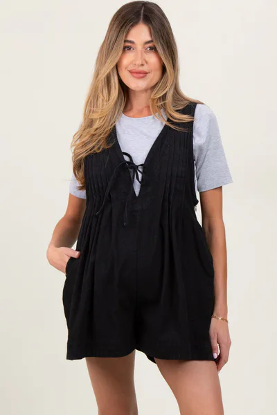 PinkBlush Black Deep V-Neck Pleated Front Tie Sleeveless Maternity Romper