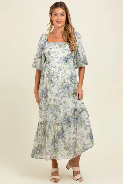 PinkBlush Lavender Floral Square Neck Puffed Sleeve Maternity Maxi Dress