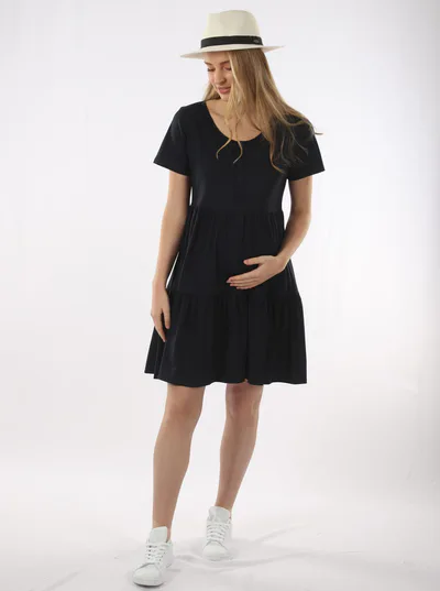 Angel Maternity Tiered Mini Black Maternity  Dress - Short Sleeve
