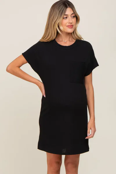PinkBlush Black Ribbed Front Pocket Dolman Short Sleeve Maternity Dress