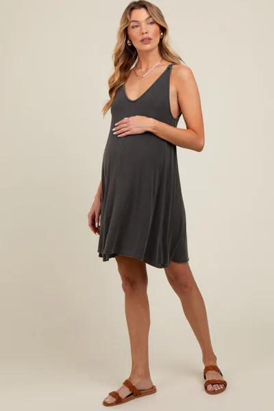 PinkBlush Charcoal Ribbed Sleeveless Front Seam Maternity Dress