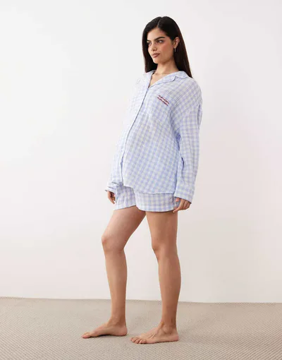 ASOS cotton gauze embroidered long sleeve shirt & shorts pajama set in blue gingham print