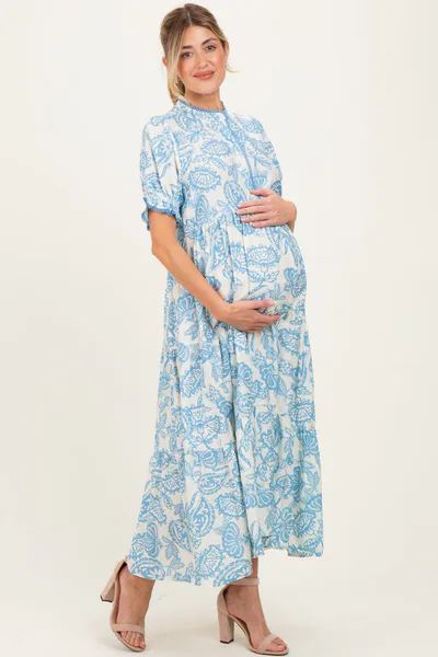 PinkBlush Light Blue Paisley Print Tiered Maternity Midi Dress