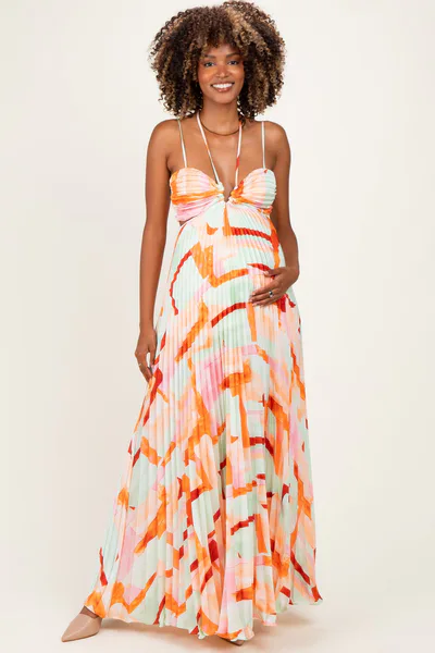 PinkBlush Multicolor Pleated Halter Cutout Maternity Maxi Dress