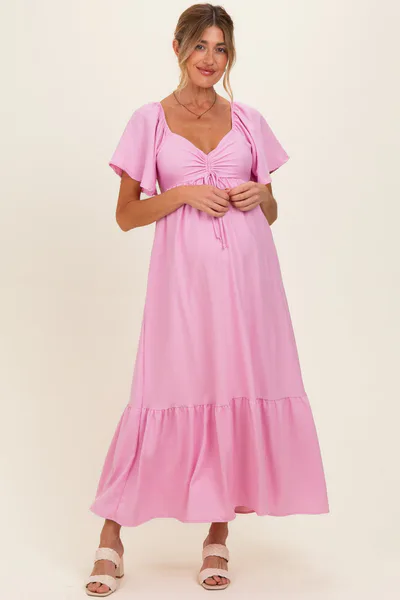 PinkBlush Pink Flutter Sleeve Ruffle Hem Maternity Maxi Dress
