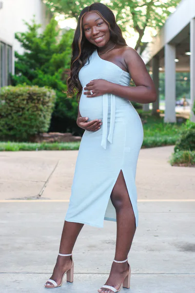 PinkBlush Light Blue One Shoulder Fitted Maternity Midi Dress