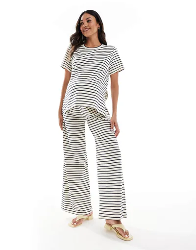 ASOS Mamalicious Maternity wide leg jersey pants in cream and navy stripe - part of a set