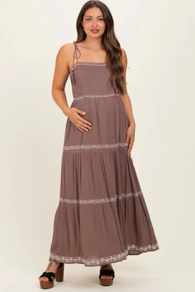 PinkBlush Brown Embroidered Tiered Maternity Maxi Dress