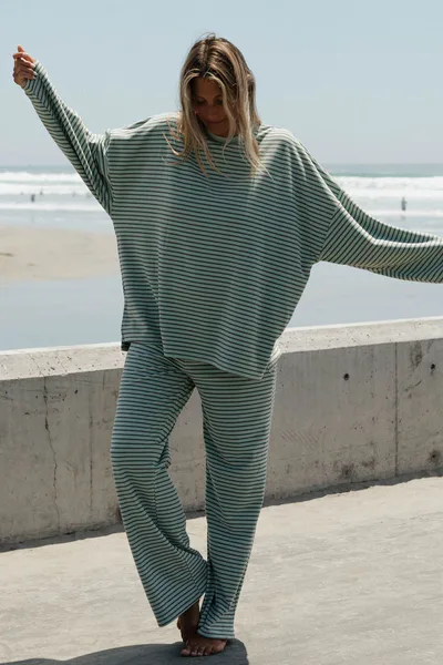 Worth Collective Naomi Striped Oversized Fleece Long Sleeve Top in Mint/Brown - Bump Friendly