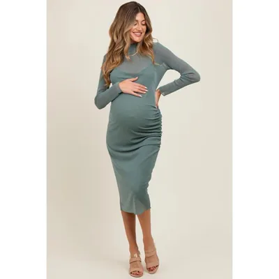 Target Pinkblush Light Olive Shimmer Mesh Long Sleeve Ruched Maternity Midi Dress Large