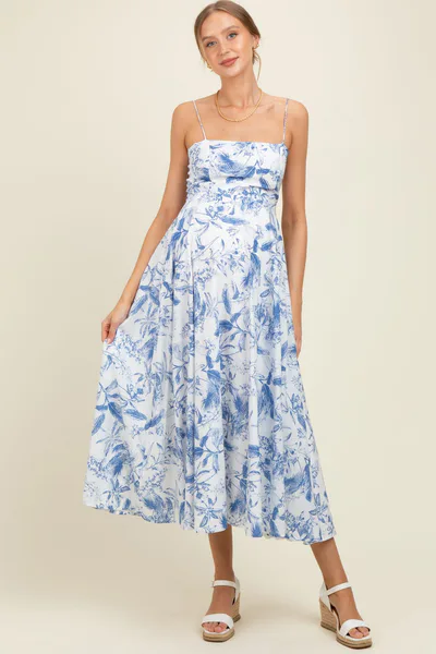 PinkBlush Blue Spaghetti Strap Printed A-Line Maternity Midi Dress