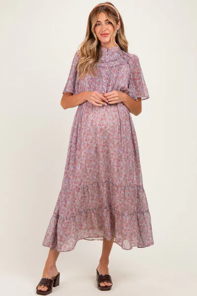 PinkBlush Dusty Rose Ruffle Floral Print Maternity Maxi Dress