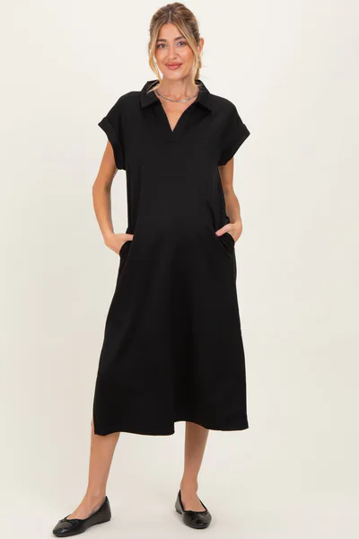 PinkBlush Black Collared Oversized Maternity Midi Dress