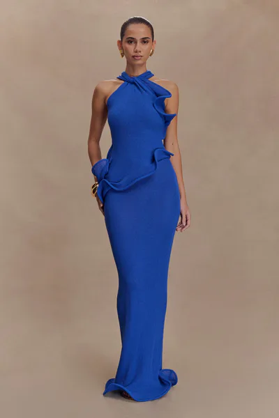MESHKI Caprice Halter Knit Maxi Dress - Cobalt
