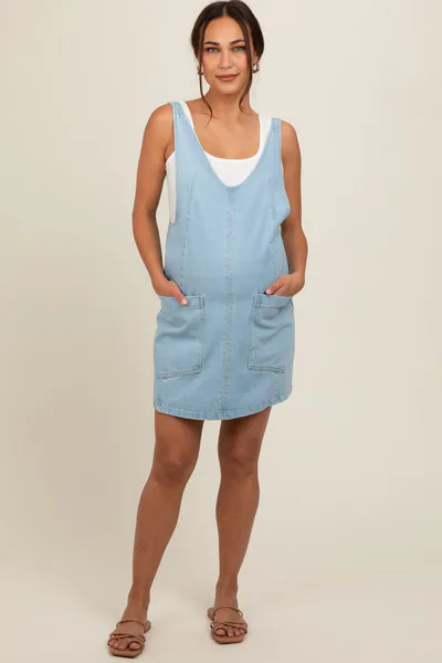 PinkBlush Blue Denim Side Pocket Overall Maternity Dress