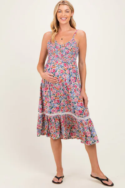PinkBlush Ivory Floral Lace Up Cutout Maternity Midi Dress