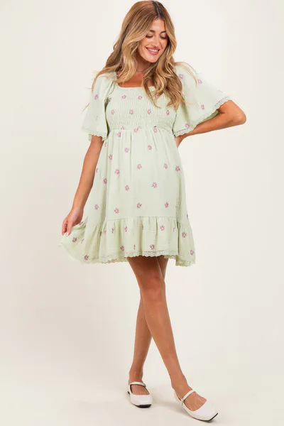 PinkBlush Mint Floral Embroidered Smocked Maternity Dress