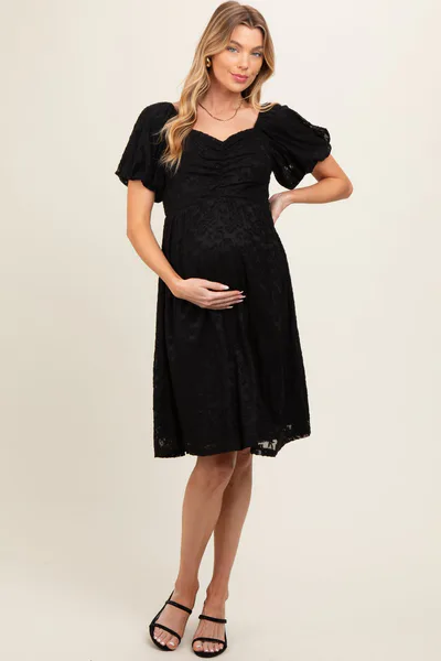 PinkBlush Black Lace Puff Sleeve Maternity Dress