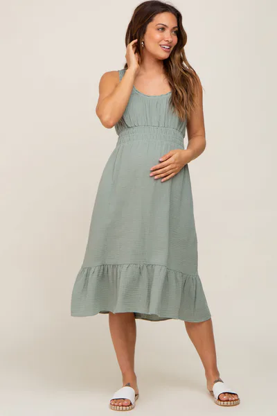 PinkBlush Light Olive Gauze Smocked Waist Lettuce Trim Maternity Midi Dress