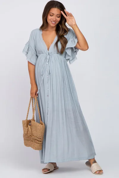 PinkBlush Light Blue Deep V-Neck Button Down Maternity Maxi Dress