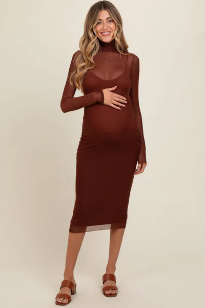 PinkBlush Brown Mesh Overlay Fitted Maternity Midi Dress