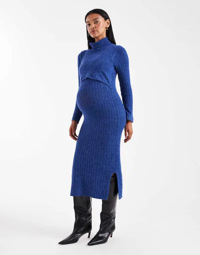 ASOS Mamalicious Maternity soft knit ribbed midi dress with nursing function in blue melange