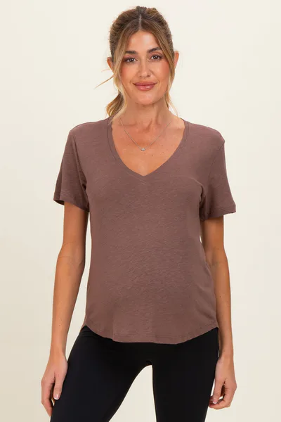 PinkBlush Choco Linen Blend V-Neck Short Sleeve Maternity T-Shirt