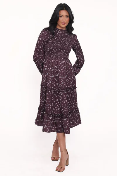 Petal & Pup Edwina Shirred Frill Long Sleeve Midi Dress - Plum Floral