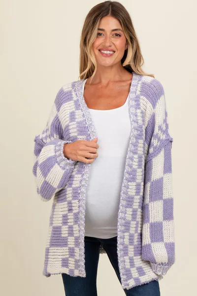 PinkBlush Lavender Mixed Check Pattern Chunky Maternity Cardigan