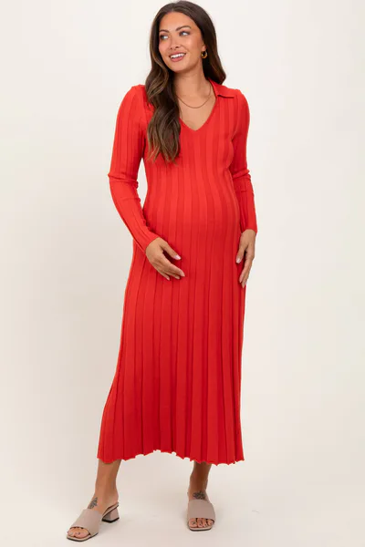 PinkBlush Red Wide Ribbed Knit Collared Maternity Midi Dress
