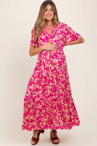 PinkBlush Fuchsia Button Ruffle Detail Maternity Maxi Dress