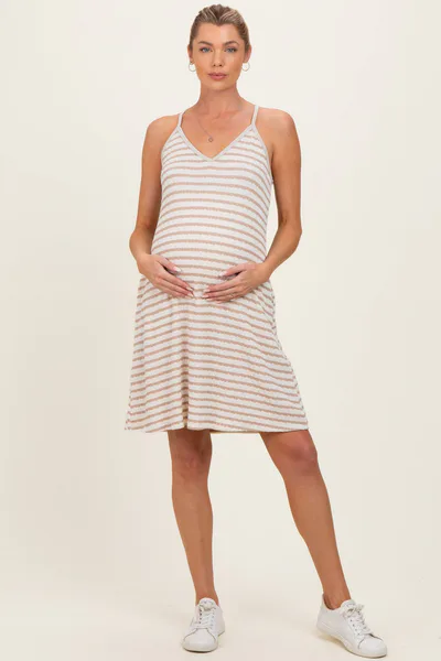 PinkBlush Cream/ Camel Striped Sleeveless Halter Maternity Mini Dress