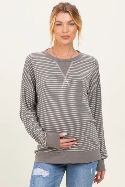 PinkBlush Taupe Striped Crew Neck Pullover Maternity Top