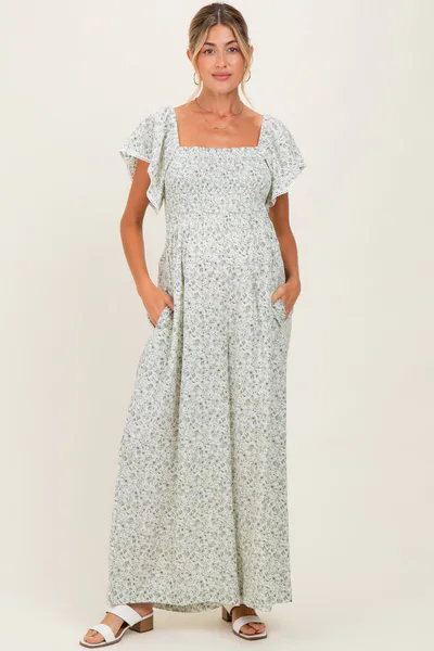 PinkBlush Ivory Floral Smocked Lace Trim Wide Leg Maternity Jumpsuit