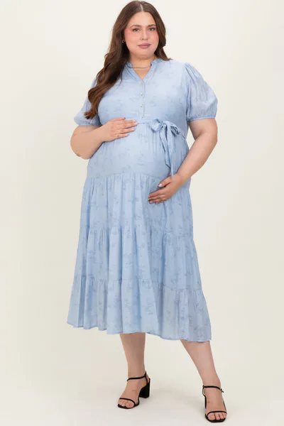 PinkBlush Light Blue Split Neckline Tiered Maternity Plus Midi Dress