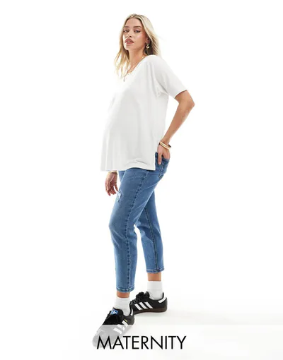 ASOS ONLY Maternity high waist ripped mom jeans in light blue