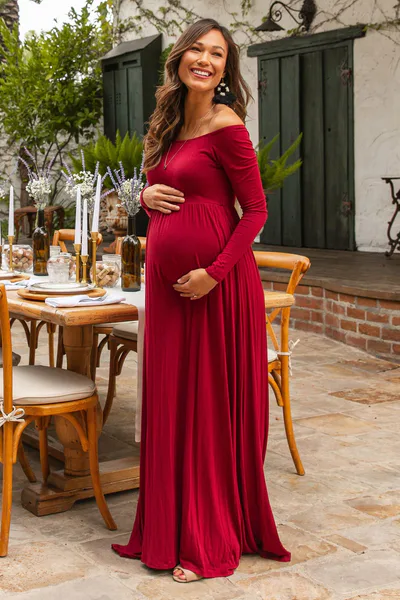 PinkBlush PinkBlush Burgundy Solid Off Shoulder Maternity Maxi Dress