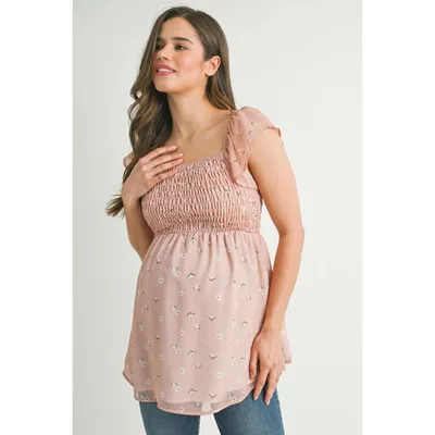 Target Hello Miz Women's Floral Smocked Empire Waist Square Neck Maternity Top - Blush - Small