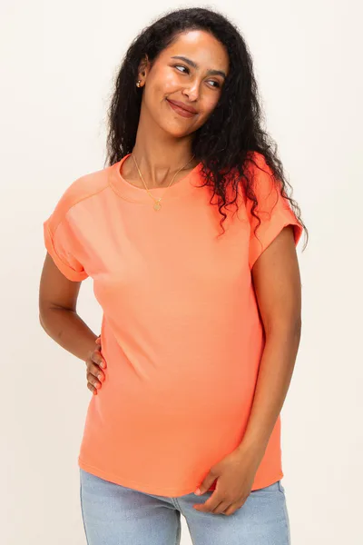 PinkBlush Coral Rolled Cuff Sleeve Relaxed Fit Maternity Tee